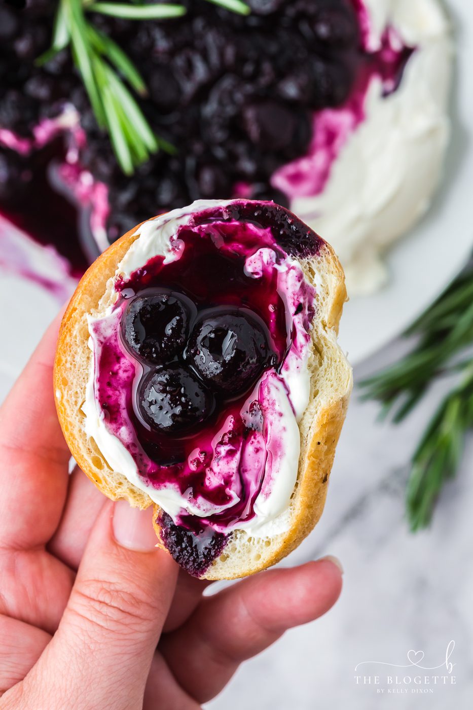 This Blueberry Goat Cheese Dip appetizer is a beautiful and straightforward 10-minute recipe served with slices of French bread.
