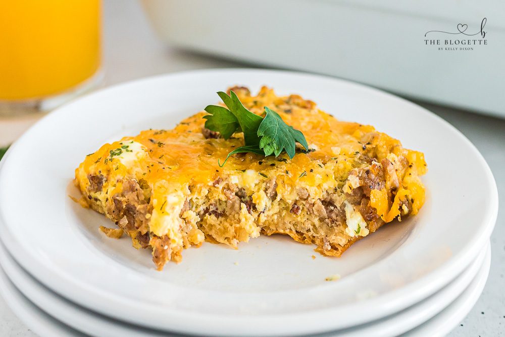 Our favorite Breakfast Sausage Casserole with a layer of cheese, eggs, crescent dough, and sausage!