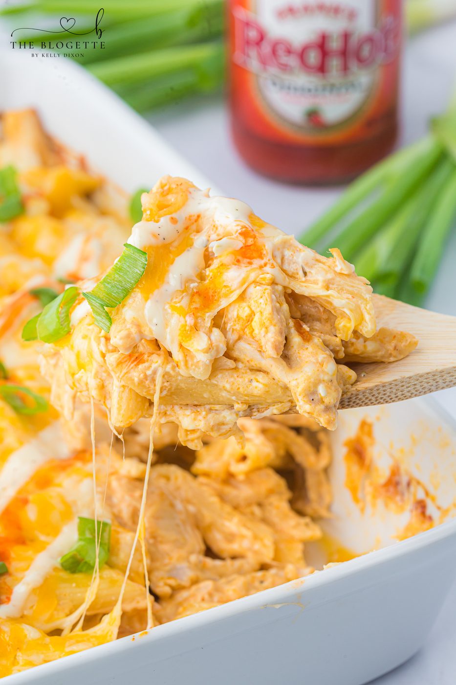Buffalo Chicken Pasta Bake - Creamy, spicy, and loaded with melty cheese. The well-balanced weeknight meal that comes together in under an hour.