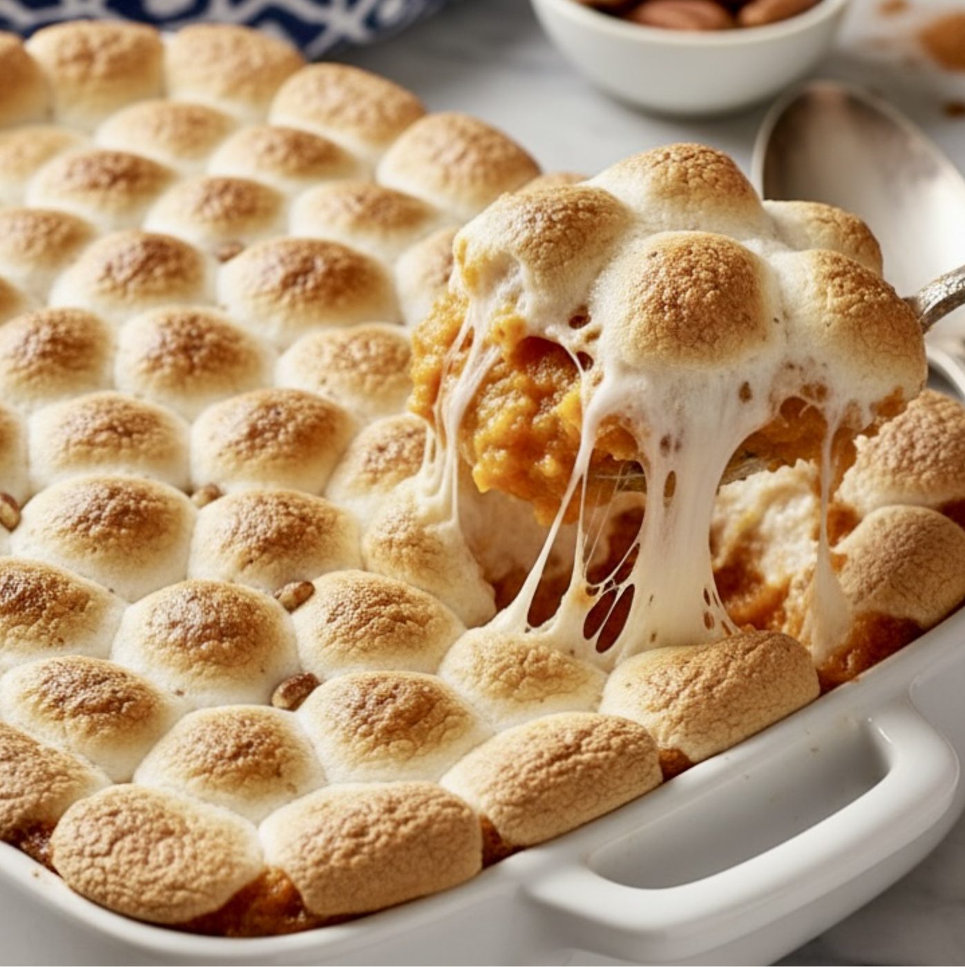 A holiday favorite! Creamy sweet potatoes topped with marshmallows or pecan streusel, baked until golden.