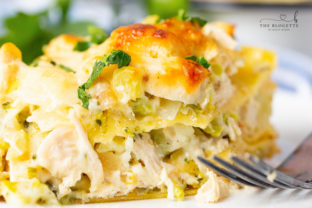 A favorite Chicken and Broccoli Lasagna! Tender chicken is layered with broccoli, lasagna noodles, and a rich and creamy cheese sauce!