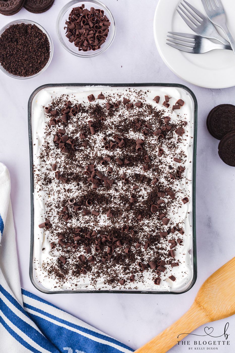 Oreo crumbles and chocolate shavings