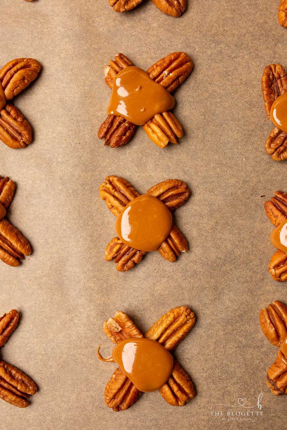Melted caramel on pretzels