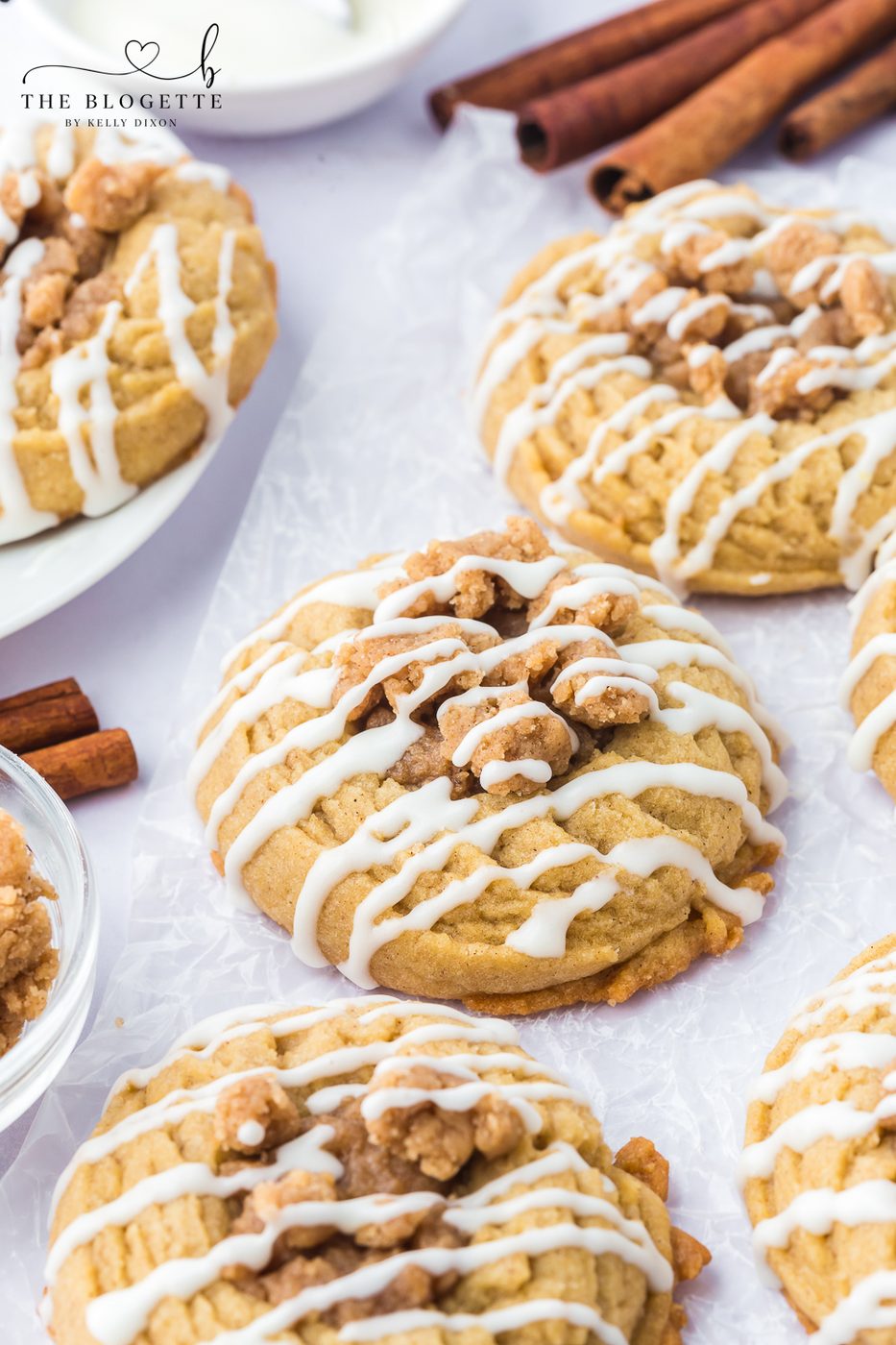 Coffee cake cookies are soft, buttery cookies topped with a cinnamon-sugar streusel crumble and a sweet glaze.