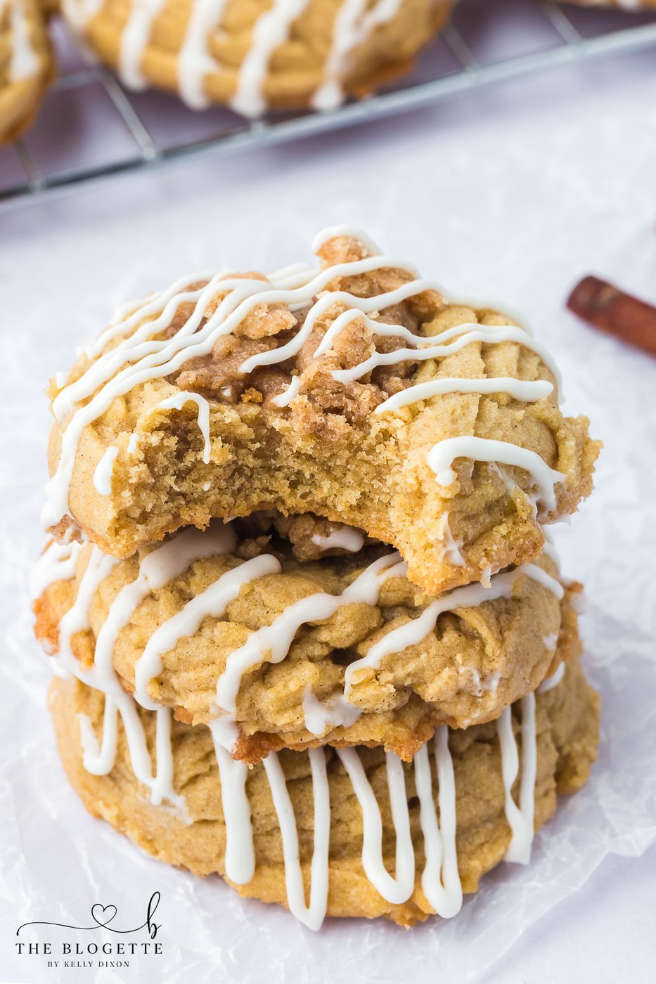 Coffee cake cookies are soft, buttery cookies topped with a cinnamon-sugar streusel crumble and a sweet glaze.
