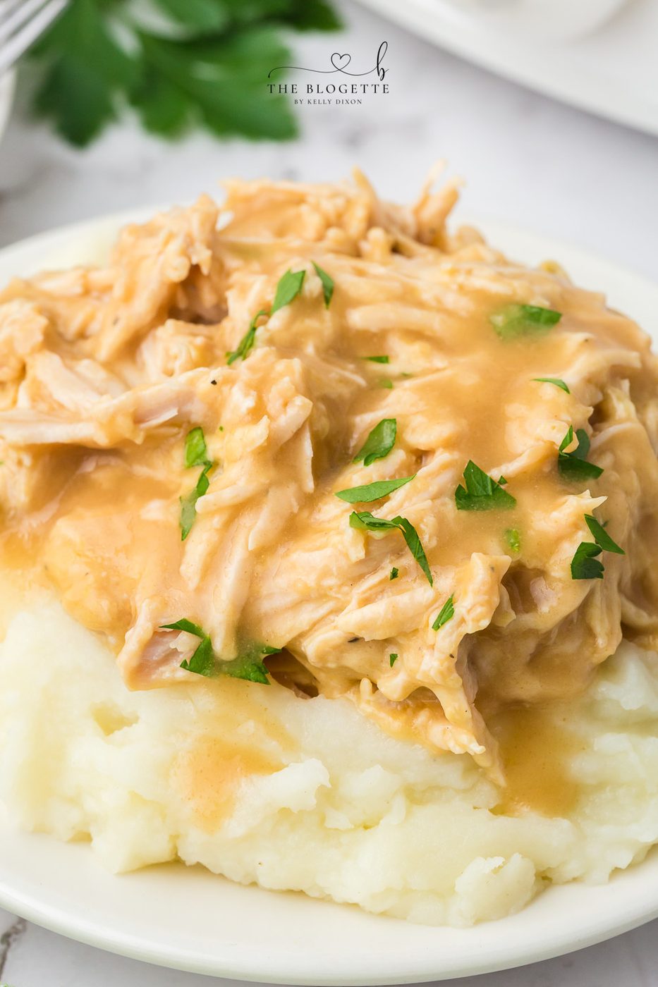 Shredded Slow-cooker Turkey Breasts in a satisfying gravy! This slow cooker turkey recipe is the easiest and tastiest way to cook a turkey breast. No need for a big turkey at Thanksgiving? Try this! A great dish to celebrate the holidays.