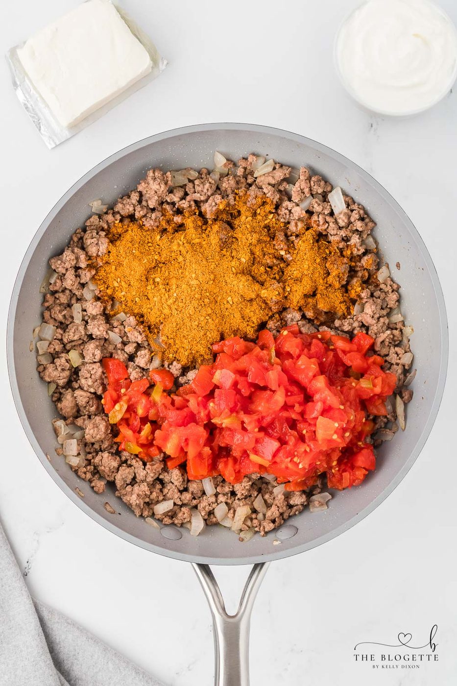 Ground beef with taco seasoning and Rotel tomatoes