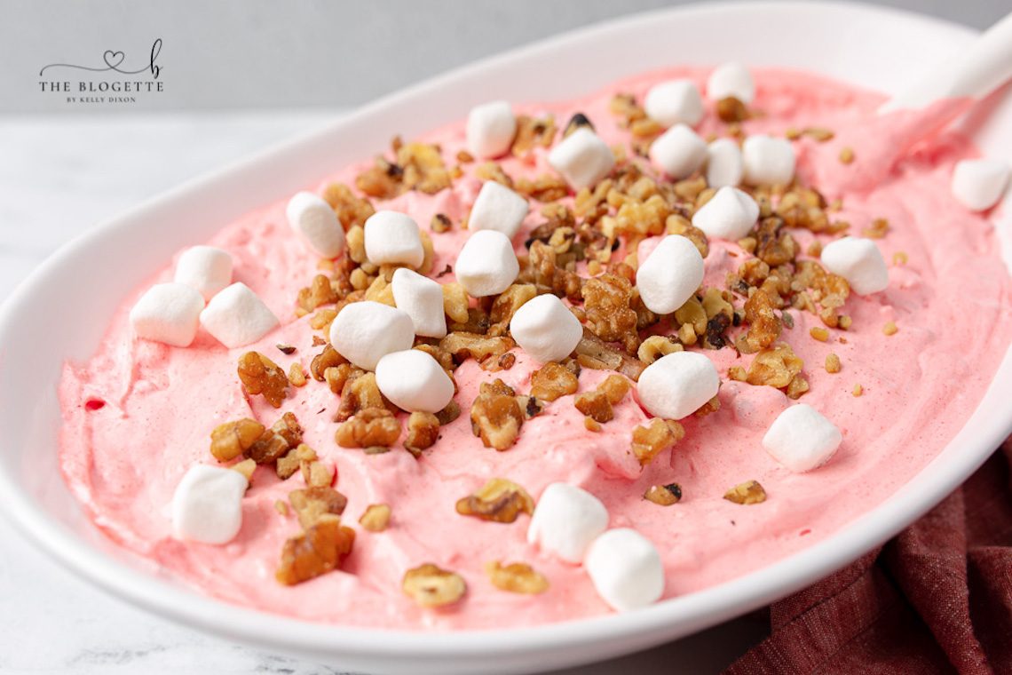 Straightforward, 5 ingredient Fluff Salad, also known simply as Pink Fluff! A classic and wonderful holiday dish served with friends and family.