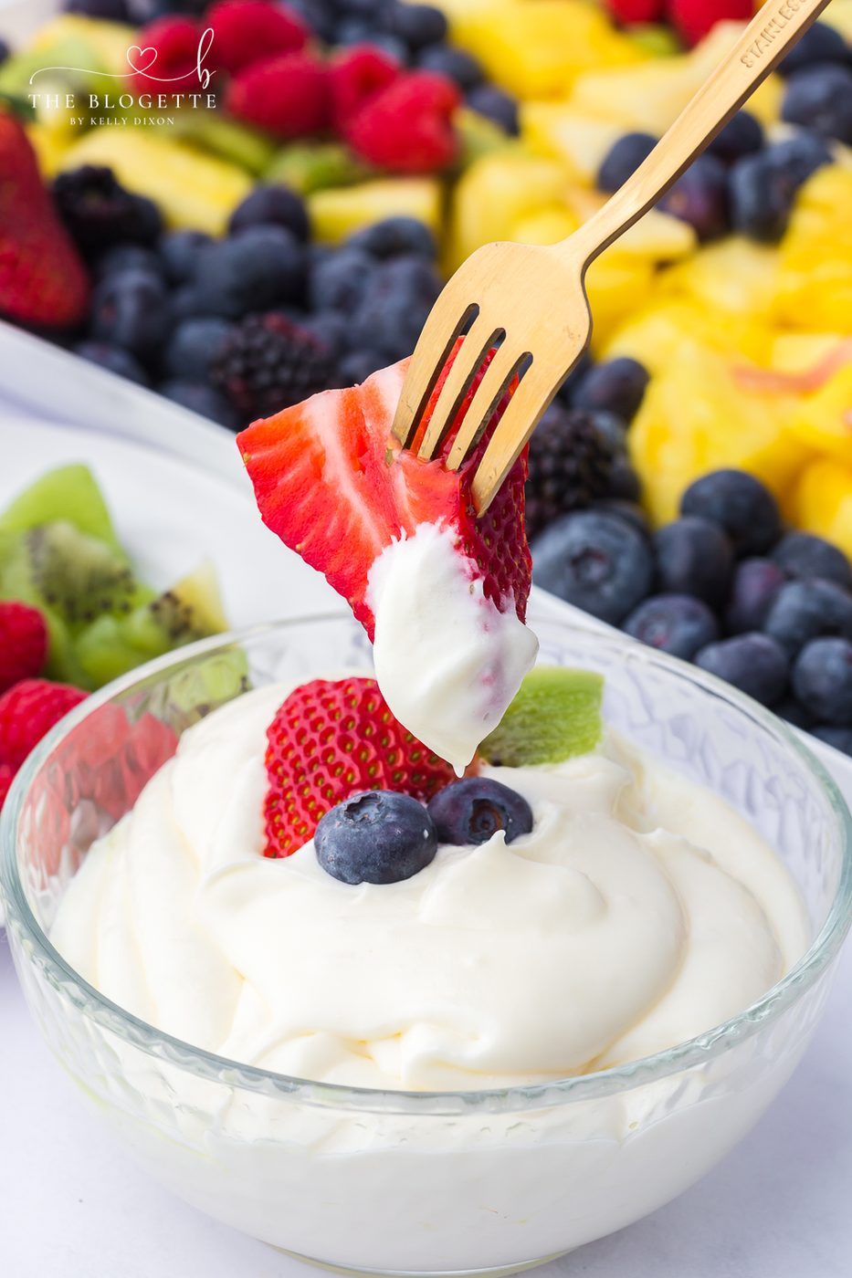 Our favorite Fruit Dip recipe! With just three ingredients, this cream cheese fruit dip recipe is well-balanced for a fruit platter.