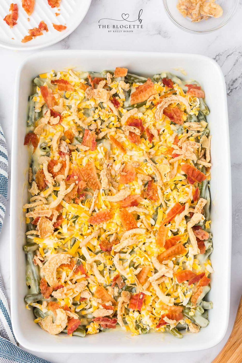 Green Bean Casserole with Bacon and Cheese on Top
