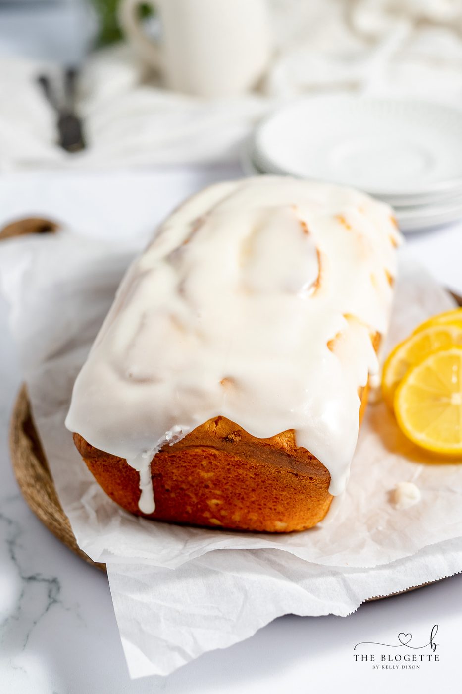 Lemon loaf with a creamy lemon glaze on top.