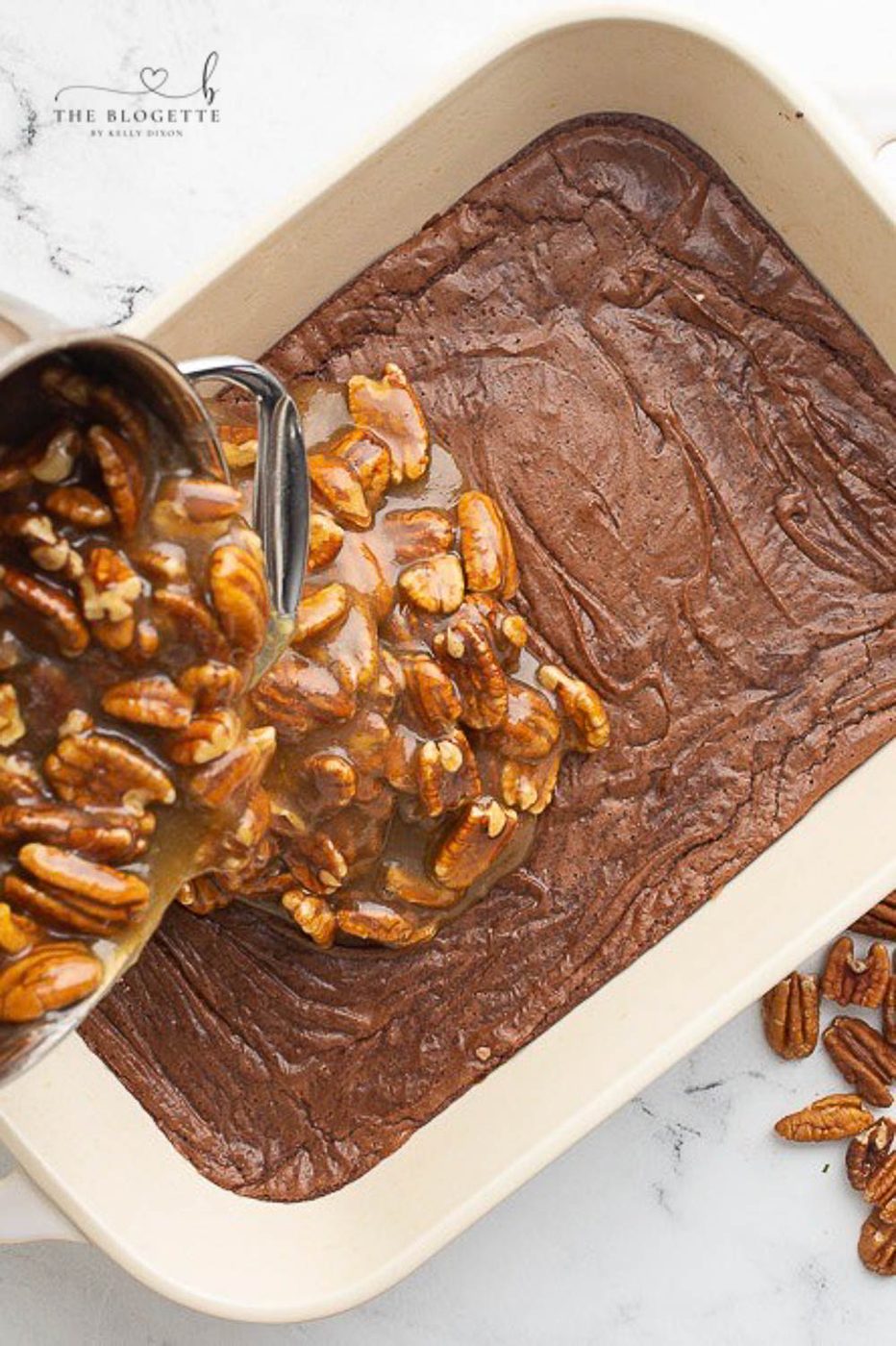 Pecan pie topping on top of brownies