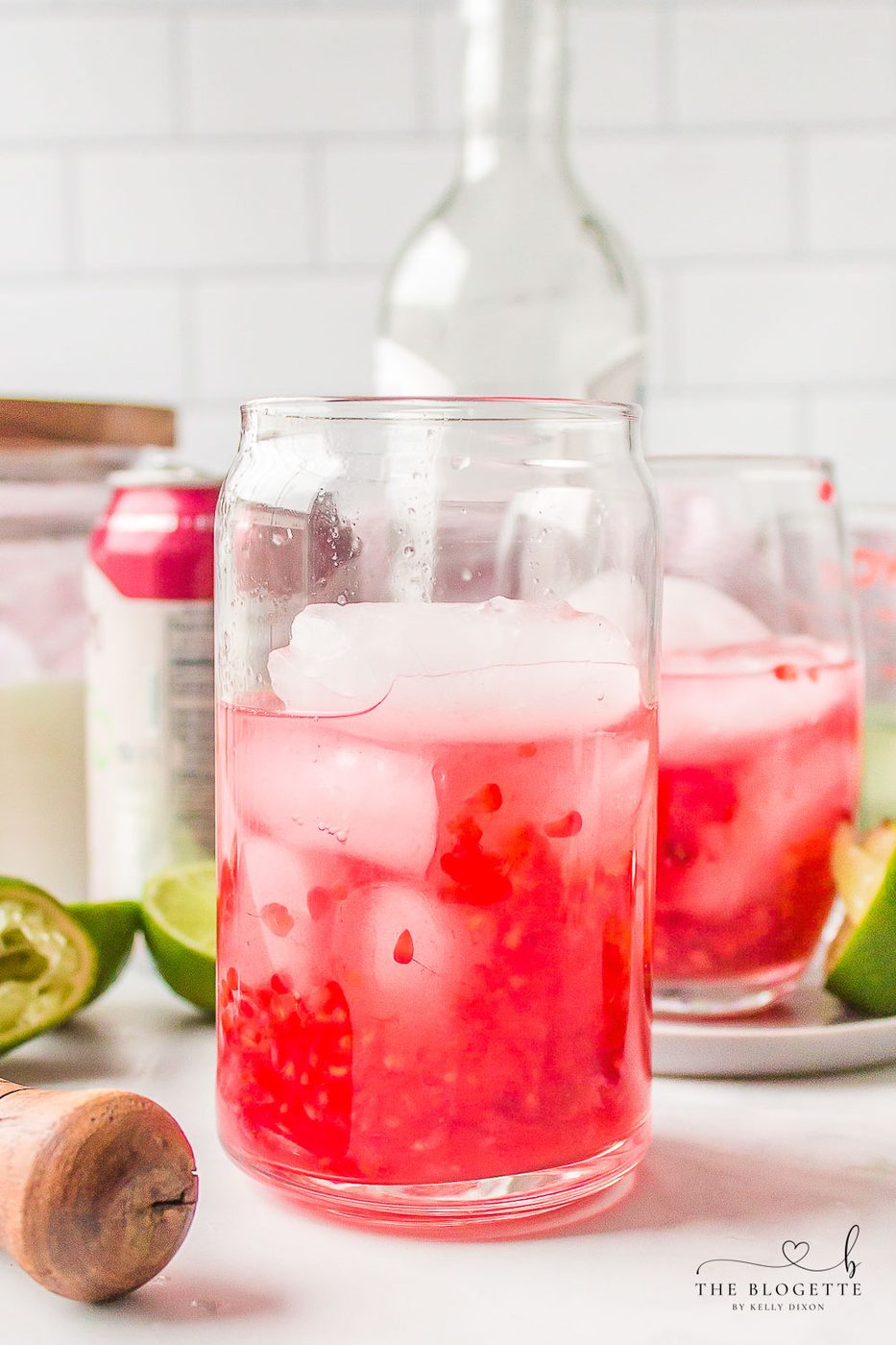 lime juice, raspberries, and mint simple syrup