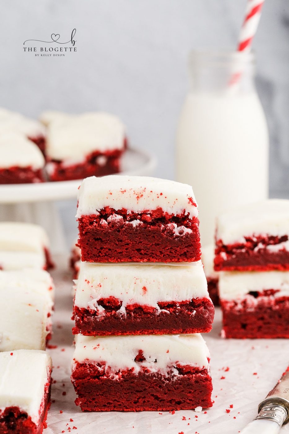 These red velvet cookie bars have a light crisp outside with a soft and chewy inside making them the well-balanced balance!