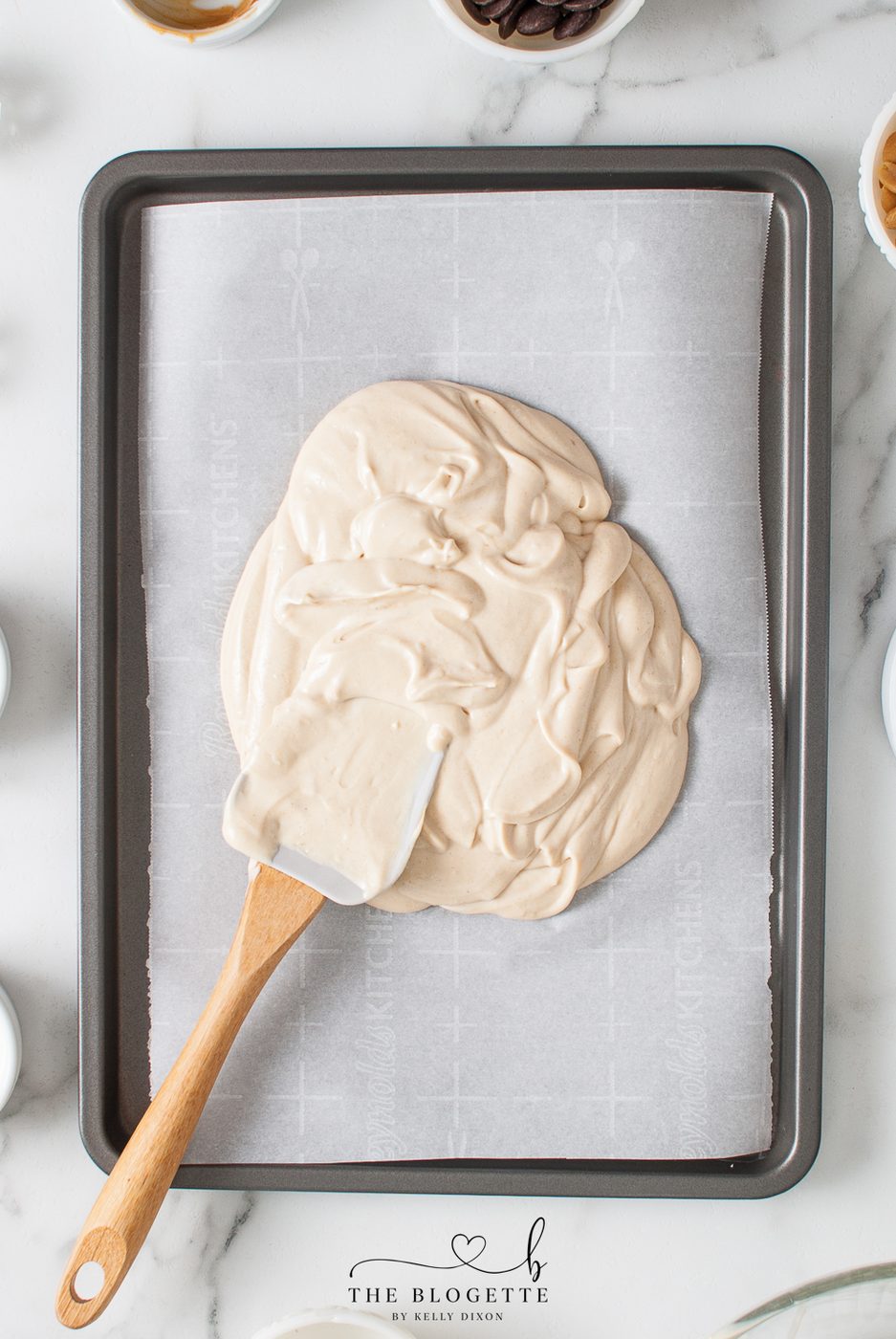 Frozen yogurt on baking sheet