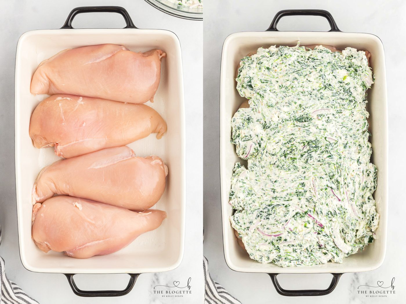 Spinach Dip Chicken Bake - Baked to perfection in 45 minutes! Creamy spinach cheese sauce smothered onto juicy chicken breasts.