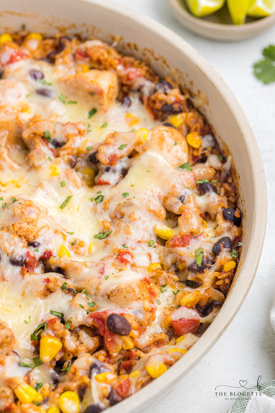 One-pan Tex Mex Chicken and Rice packed with chicken, rice, tomatoes, beans, corn, chilies, and ooey soft-centered melted cheese!