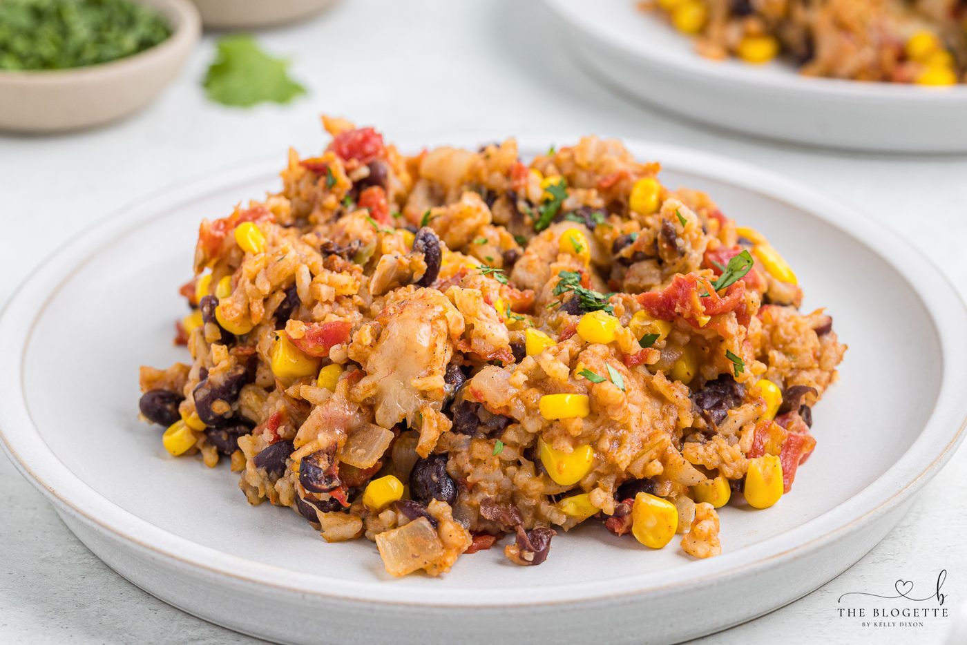 One-pan Tex Mex Chicken and Rice packed with chicken, rice, tomatoes, beans, corn, chilies, and ooey soft-centered melted cheese!