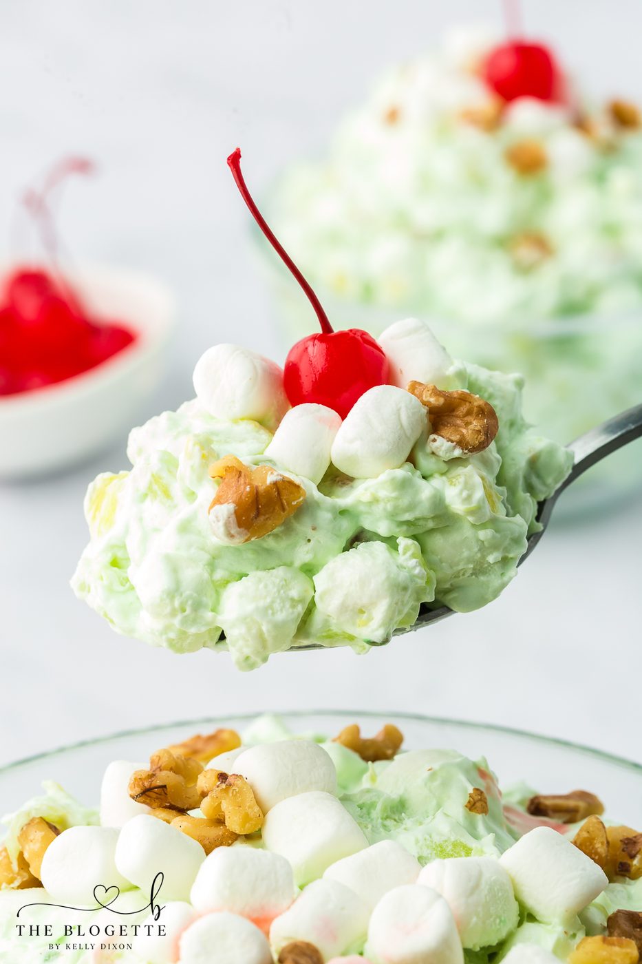 Watergate salad is a light and fluffy dessert salad. With pistachio pudding, juicy fruit and creamy whipped topping. Its creamy and fruity!