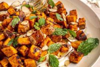 Maple Roasted Sweet Potatoes with Zesty Whipped Feta and Hot Honey Drizzle