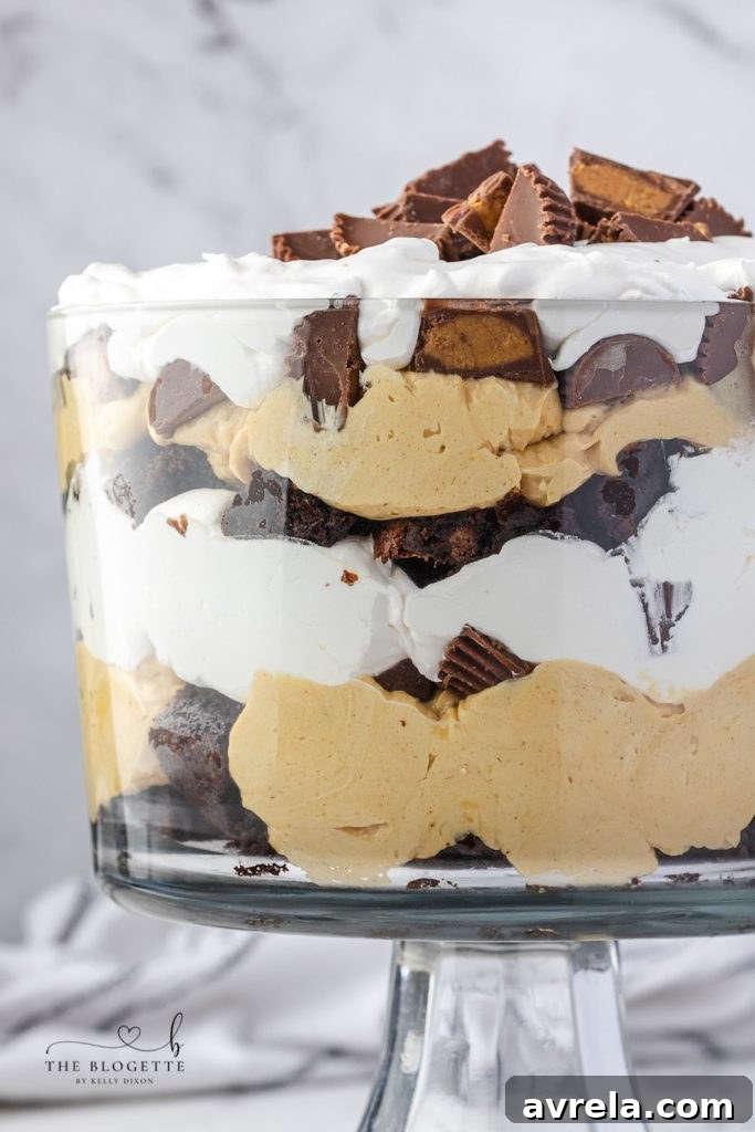 The BEST Peanut Butter Brownie Trifle recipe ever! Decadent layers of fudgy brownies and creamy peanut butter pudding studded with Reese’s peanut butter cups and topped with fluffy whipped cream.