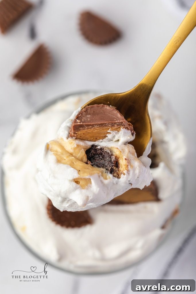 The BEST Peanut Butter Brownie Trifle recipe ever! Decadent layers of fudgy brownies and creamy peanut butter pudding studded with Reese’s peanut butter cups and topped with fluffy whipped cream.