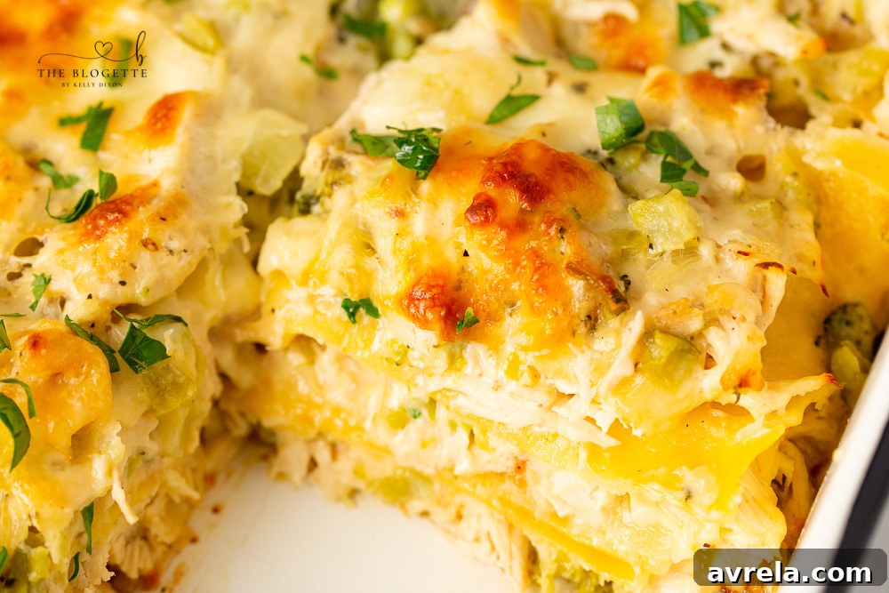 Creamy Chicken Broccoli Lasagna 9 The BEST Chicken and Broccoli Lasagna! Tender chicken is layered with broccoli, lasagna noodles, and a rich and creamy cheese sauce!