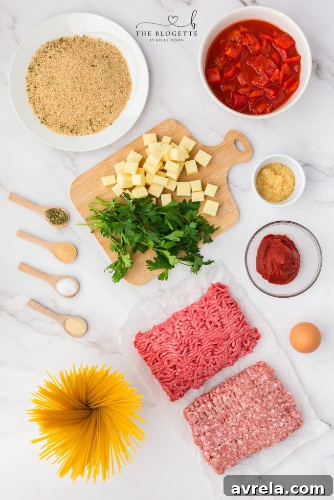 Slow Cooker Cheesy Stuffed Meatball Magic 4 Meatball Ingredients laid out for preparation