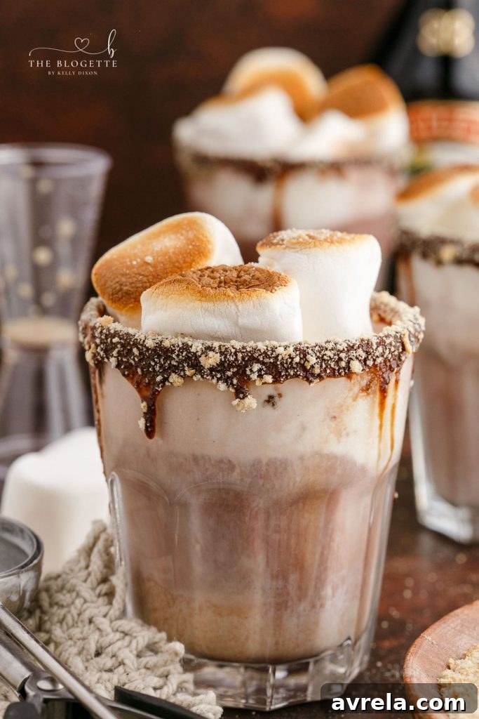Baileys Toasted Smores Float 2 Two glasses of boozy Bailey's S'mores Floats, topped with toasted marshmallows and garnished with graham cracker crumbs, against a dark background.