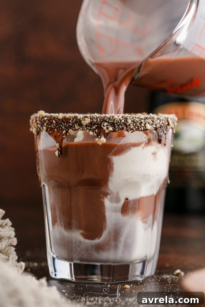 Baileys Toasted Smores Float 6 Finished Bailey's S'mores Floats garnished with toasted marshmallows and chocolate drizzle.