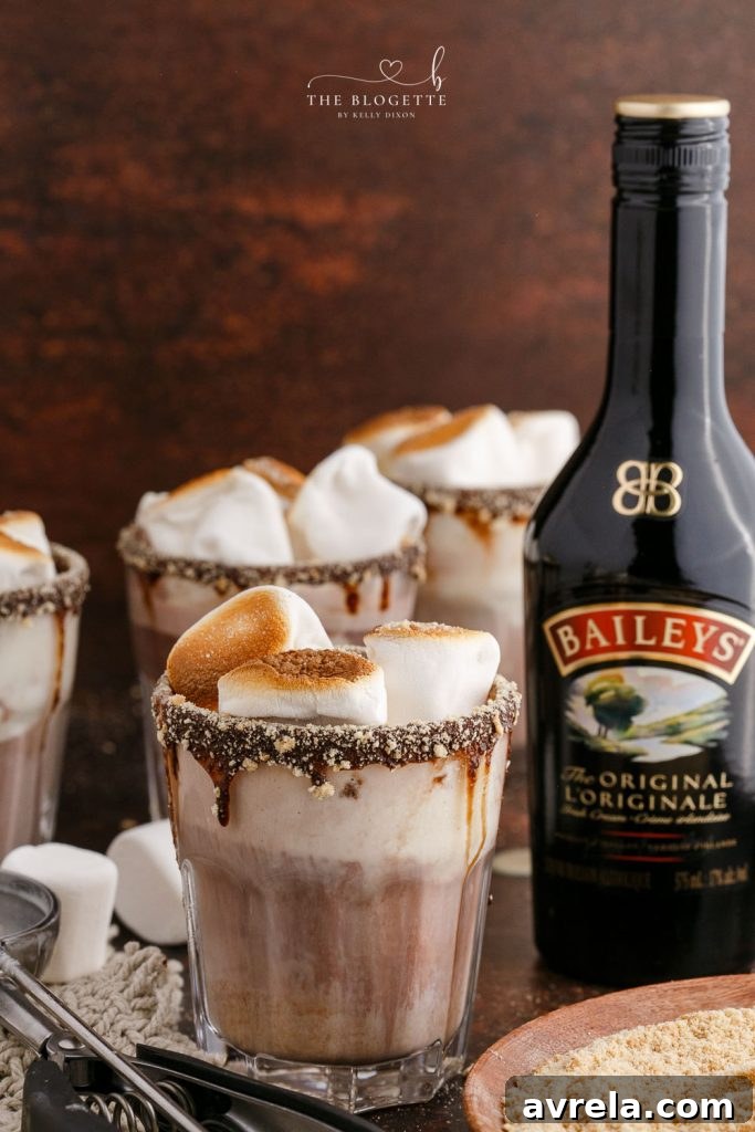 Baileys Toasted Smores Float 8 A trio of Bailey's S'mores Floats, artfully arranged and ready to be served at a party.
