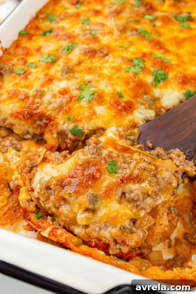 Ultimate Taco Bake 8 Full Taco Casserole dish on a table, ready for dinner and sharing