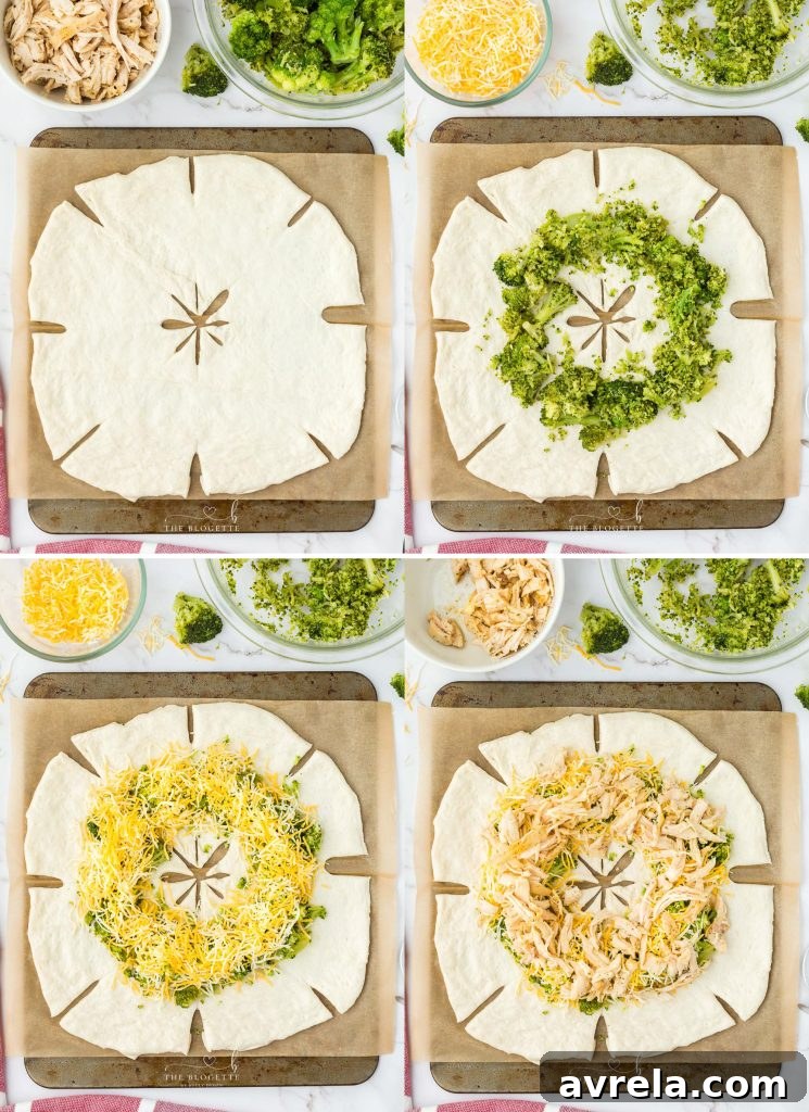 Step-by-step image showing how to arrange the filling on the pizza dough for the chicken and broccoli ring.