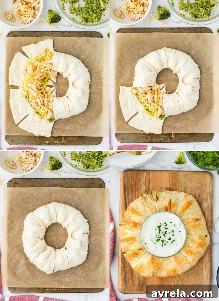 Another step-by-step image illustrating how to fold the pizza dough over the filling to create the ring shape.