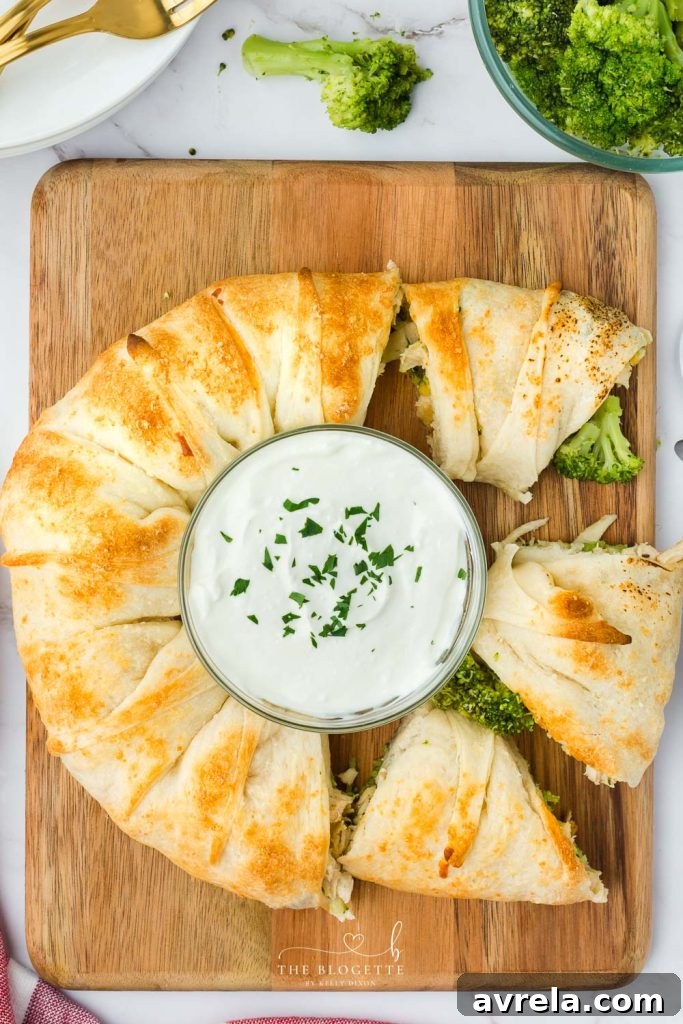 A delicious Cheesy Chicken and Broccoli Ring, showcasing its appetizing appearance and golden crust.
