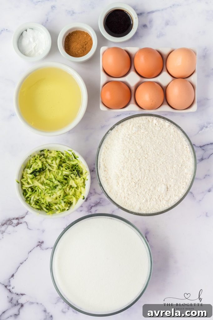 A vibrant selection of fresh ingredients laid out for making Amish Zucchini Bread, including shredded zucchini, eggs, and spices.
