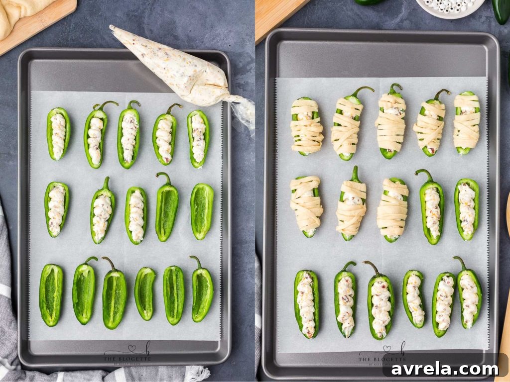 Filled jalapeño halves ready for baking to become Halloween poppers.