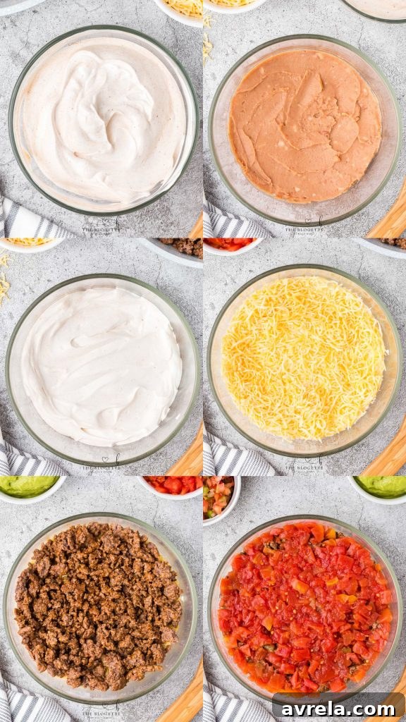 Seven distinct layers visible in a round serving bowl, showcasing the classic 7 layer dip.