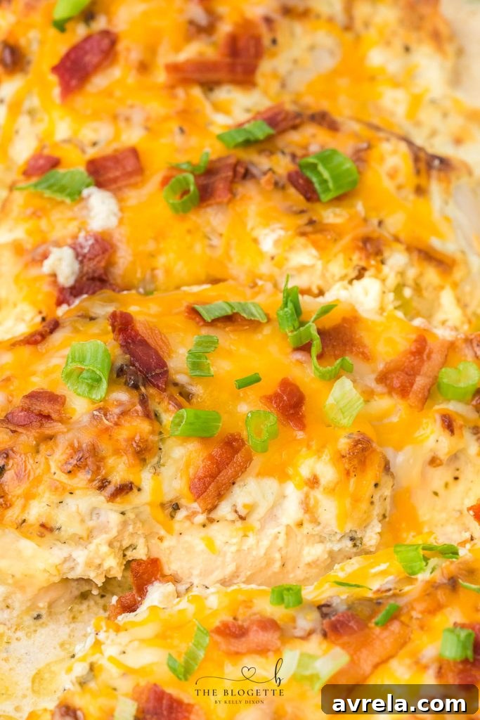 Million Dollar Chicken, featuring juicy chicken breasts baked in a creamy, cheesy sauce with bacon.