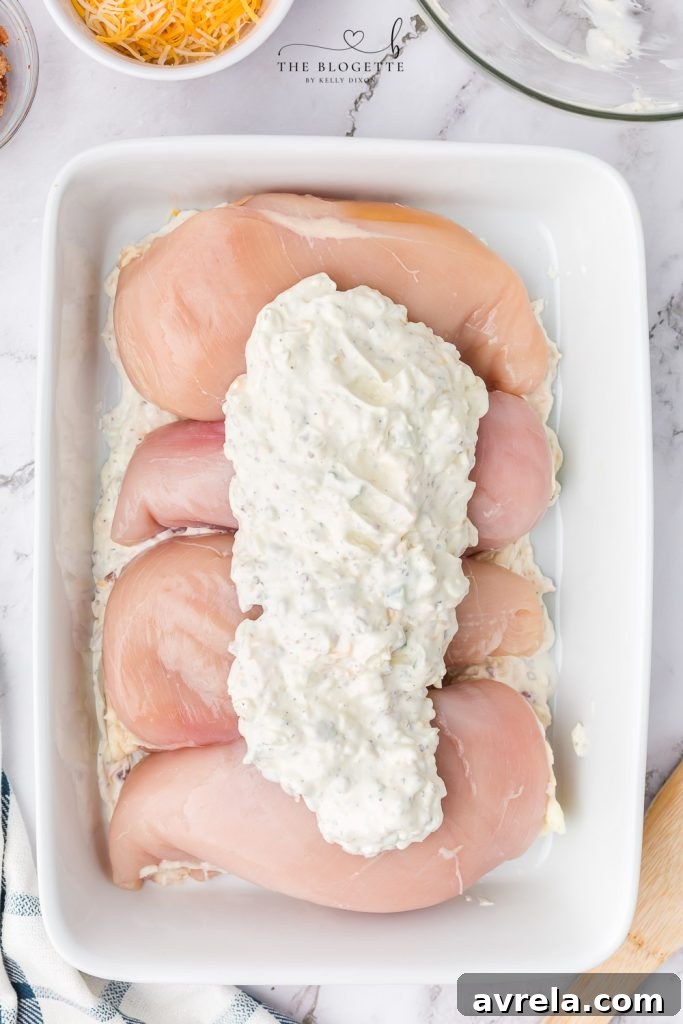 Layering chicken breasts with creamy cheese mixture in a baking dish.