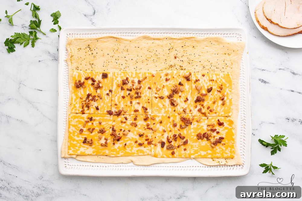 Bacon bits sprinkled over cheese on crescent roll dough.