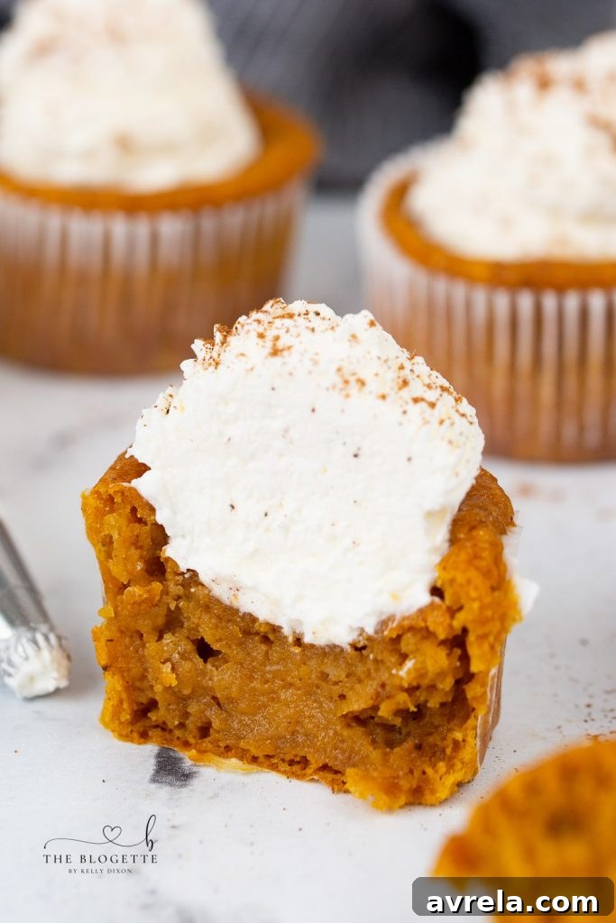 A tray of beautifully presented Pumpkin Pie Cupcakes, showcasing their individual charm and delicious toppings.
