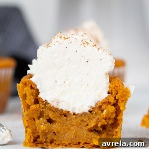 Main image of Pumpkin Pie Cupcakes with whipped cream and a sprinkle of pumpkin spice.