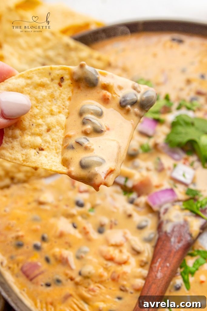 Loaded Queso Dip, a rich and savory blend of beef, beans, and cheese, perfect for any party or game day spread.