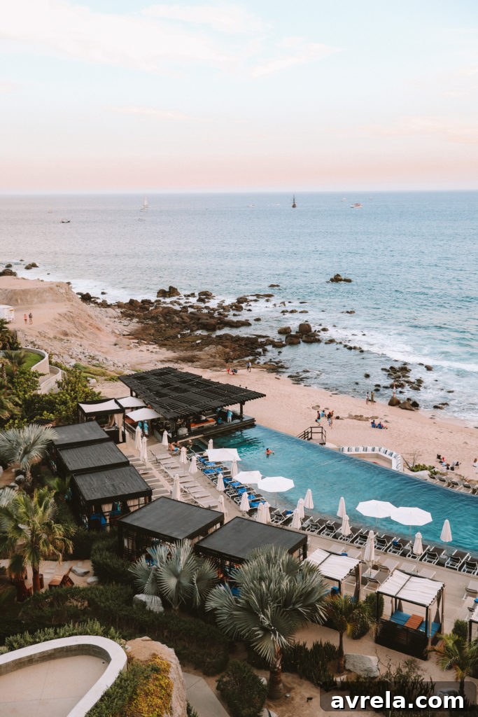 Stunning ocean view from a luxurious hotel balcony, showcasing the beauty of Cabo San Lucas.