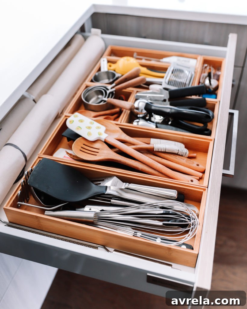 Kitchen Mastery The Art of Effortless Organization 22 Large kitchen drawer with bamboo organizers