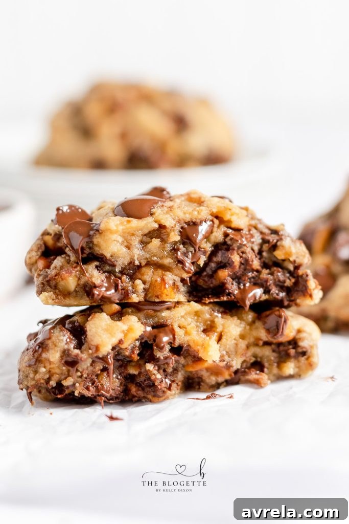 Perfectly golden, thick chocolate chip cookies ready to be served.
