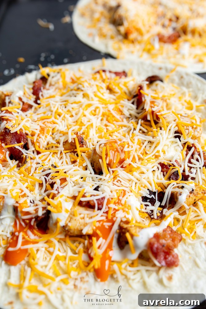 Close-up of a quesadilla with rich buffalo chicken and bacon filling