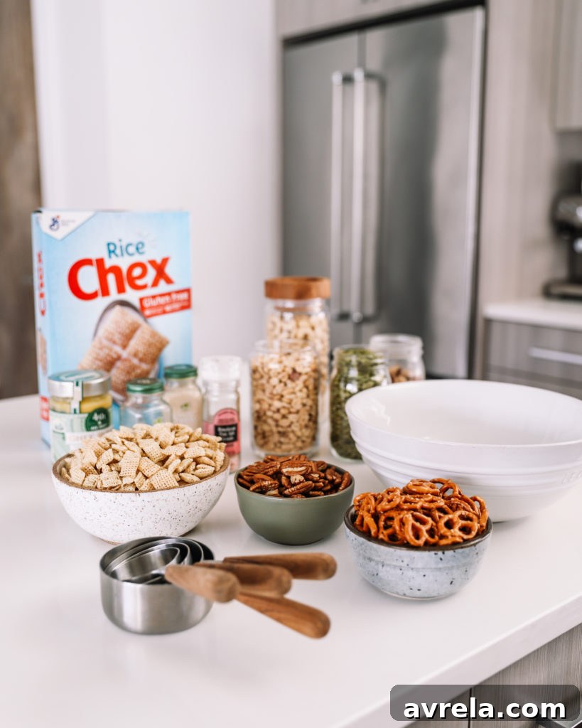 Freshly roasted gluten-free and dairy-free Chex Mix in a bowl