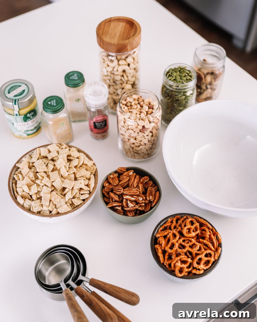 Close-up of gluten-free Chex Mix with various nuts and seeds